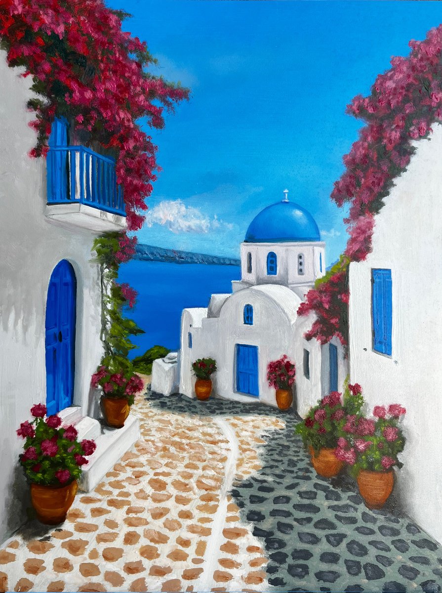 Santorini Light: Domes And Cerulean Blues By Angelo Di Carlo, 12 X 16, Artwork For Sale On Artfinder