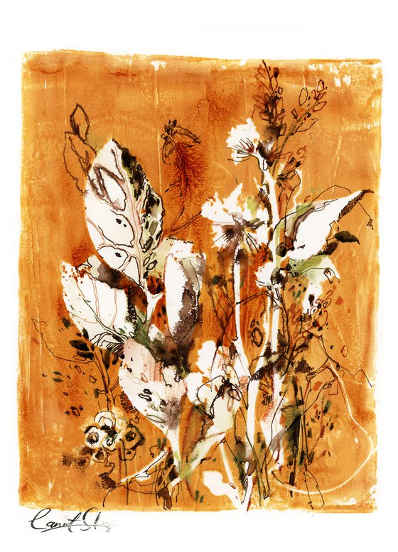 Abstract Botanical Mixed Media Diptych, Herbs and Flowers on Burnt Orange 2 Paintings Set