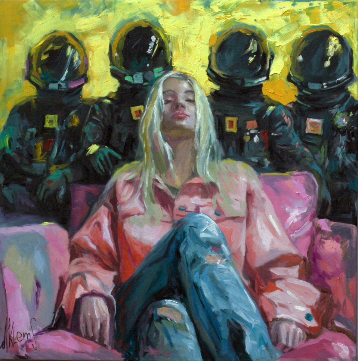 Urban And Pop Portrait Oil Painting By Alexandr Klemens, 31 X 31, Lenka In Her Chair, Original Artwork