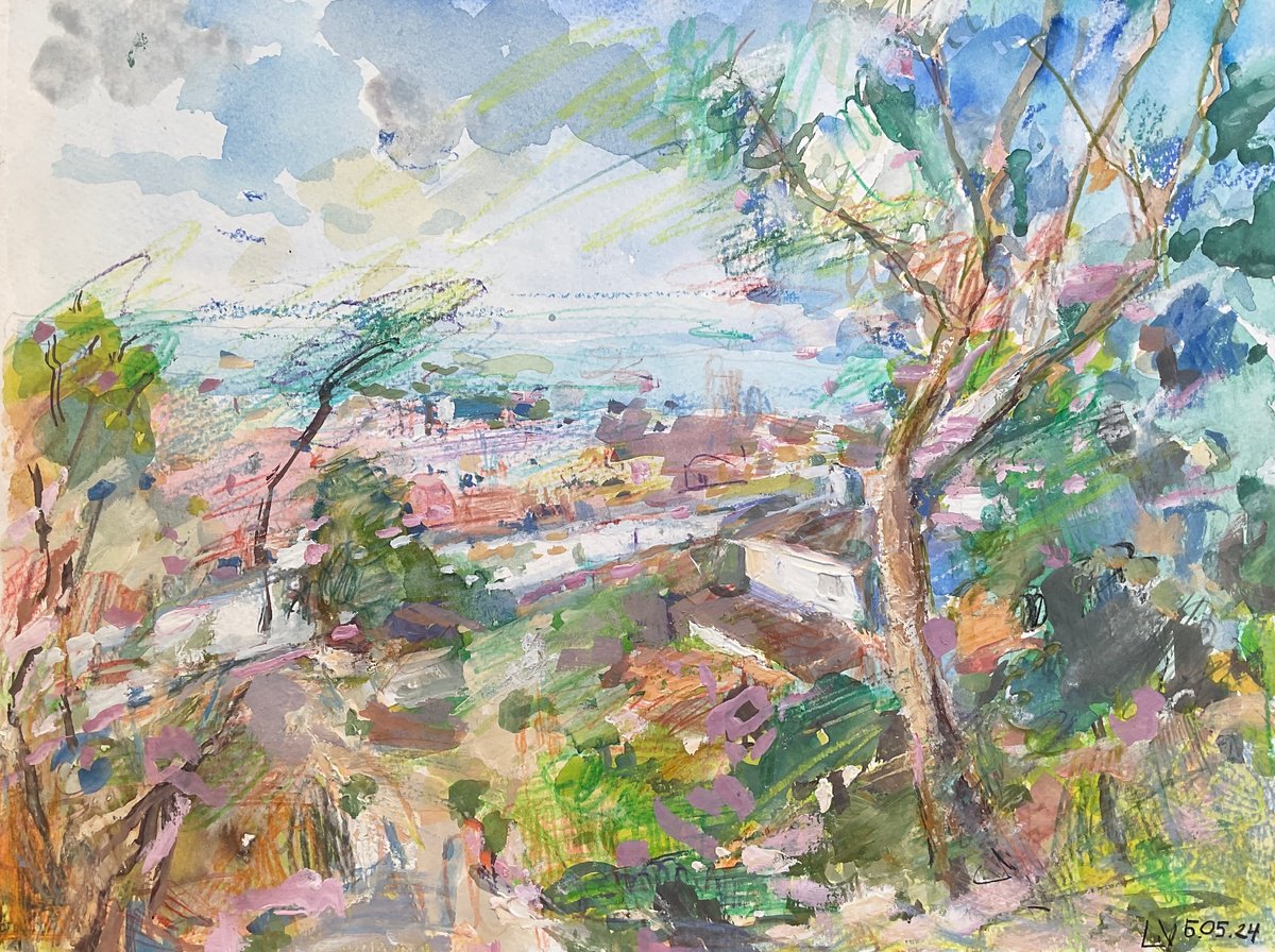 Expressive Landscape Pencil Drawing By Lana Verdi, 15 X 11", The City Of Winds, Original Artwork