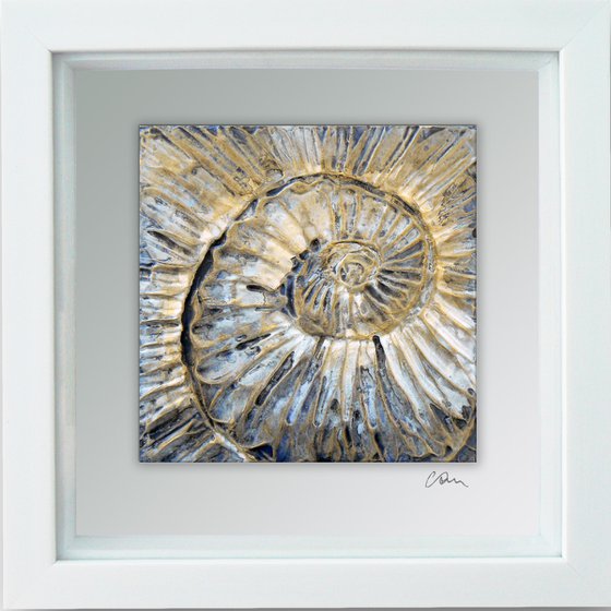 Ammonites (minimalism - ammonites textured painting in black, white and gold ) Framed, ready to hang