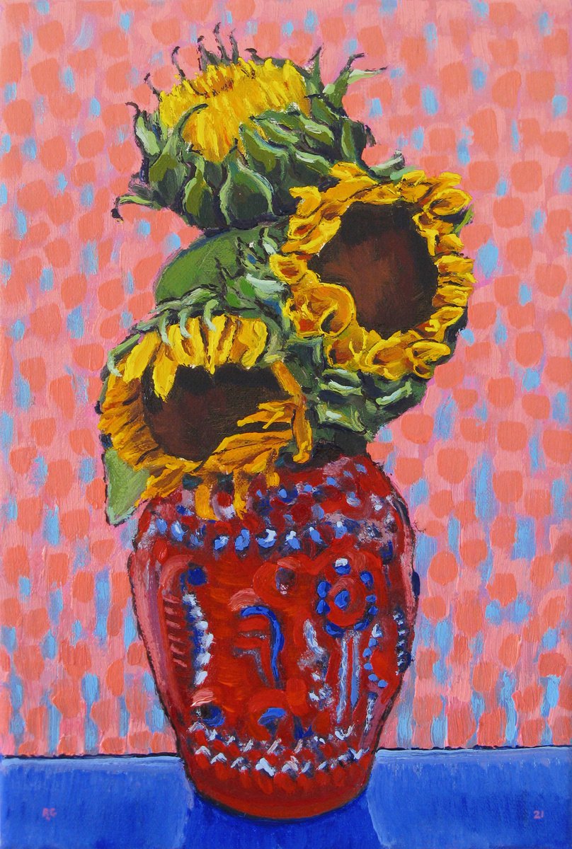 Botanical Oil Painting By Richard Gibson, 8 X 12", Three Sunflowers In A Red Vase, Original Artwork