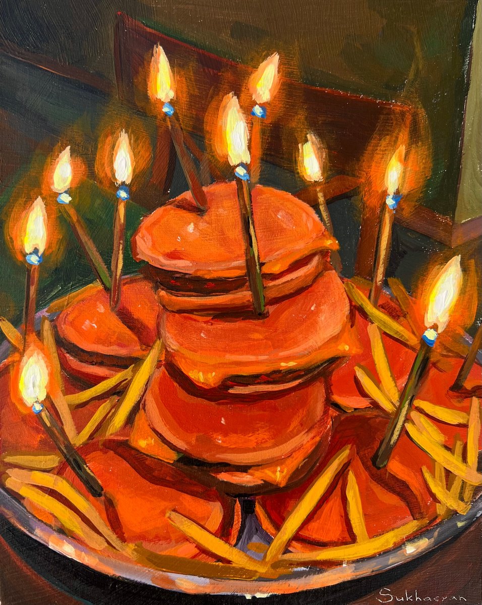 Impressionistic Still Life Acrylic Painting By Victoria Sukhasyan, 8 X 10", Still Life With Burgers And Birthday Candles, Artfinder