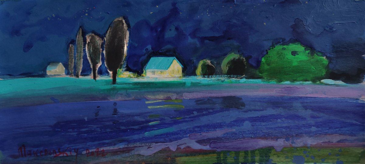 Impressionistic Landscape Acrylic Painting By Pavlo Makedonskyi, 17 X 7", Night (2), Original Artwork
