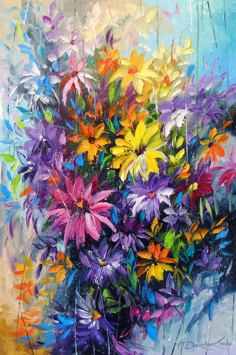 Abstract Oil Painting By Olha Darchuk, 24 X 35", Bright Dance Of Flowers, Original Artwork