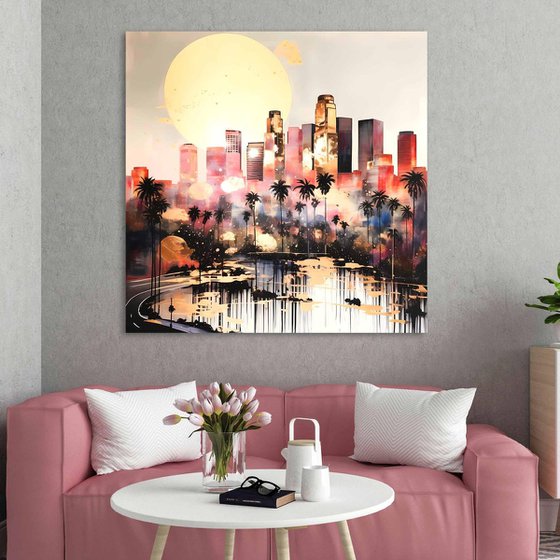 California Dreaming. Sunset in Los Angeles. Abstract expressionism urban USA palm trees and skyscrapers cityscene, colorful pink gold black bronze landscape art. Large wall art home decor. Art Gift