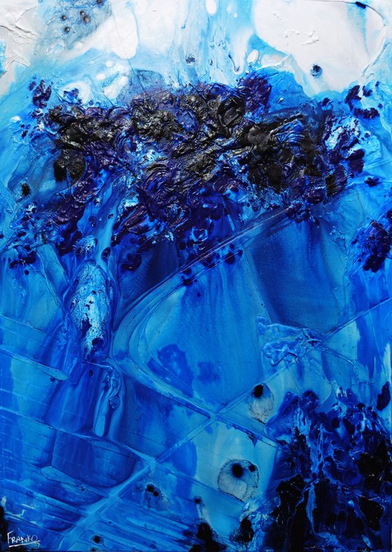 Midnight Stimulation 140cm x 100cm Blue White Textured Abstract Art