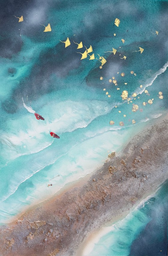 Teal Texture seascape with stingrays  1 90x60