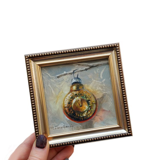 Christmas ornament painting original 4x4 in silver frame, Tree ornament oil art illustration small painting framed, Time to be happy