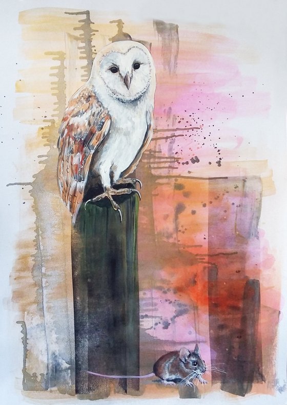 Night owl (barn owl and mouse painting)