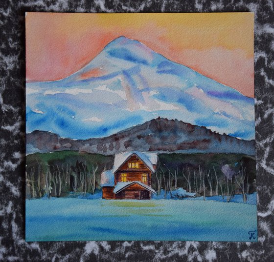 Winter watercolor painting Sunset snowy cabin house