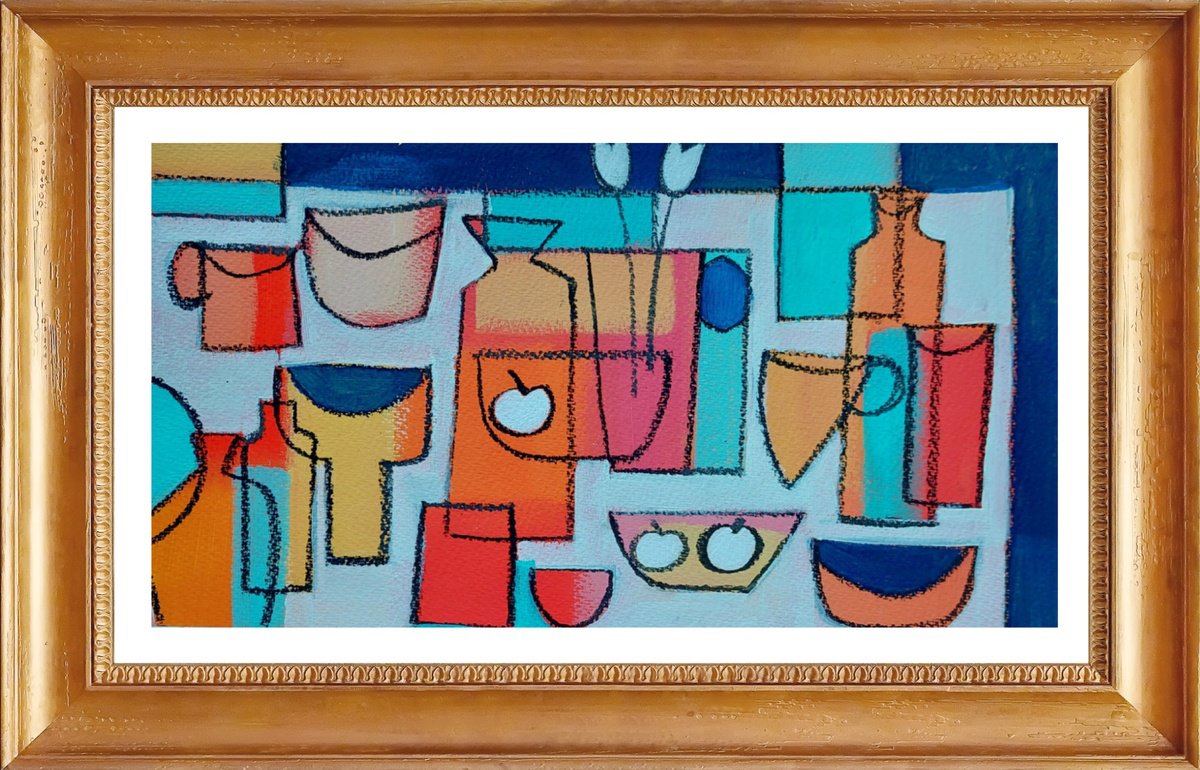 Abstract Still Life Acrylic Painting By Jan Rippingham, 15 X 9, Three Apples, Original Artwork