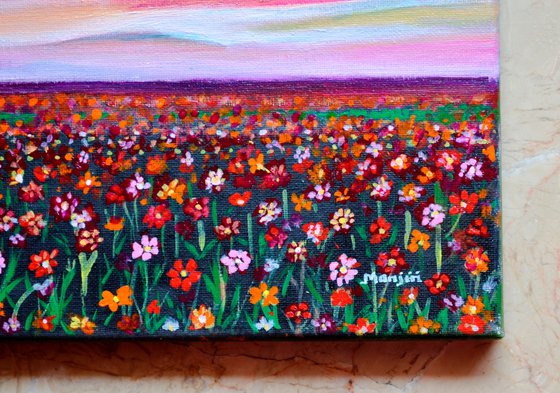 Floral meadow at sunset cheerful landscape