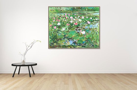 NOON ON THE LAKE, LOTUS - Water lilies, floral landscape,  waterscape, original oil painting, plein air