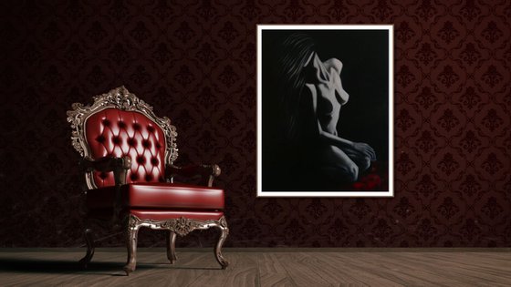 Nude lady draped in red silk