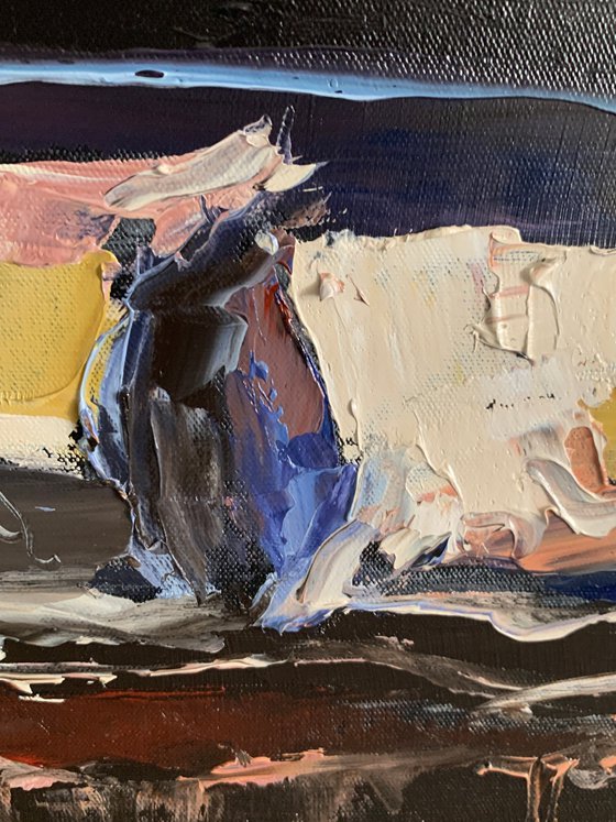 Room,bed,abstract art.