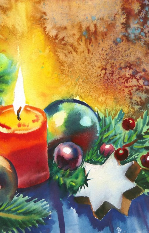 Christmas Candle Watercolor Painting Red Candle Christmas Tree by Ion Sheremet
