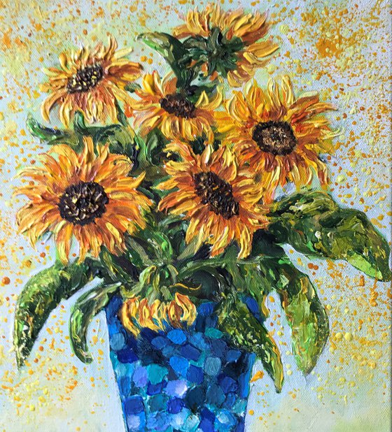 Yellow Sunflowers in a Blue Vase