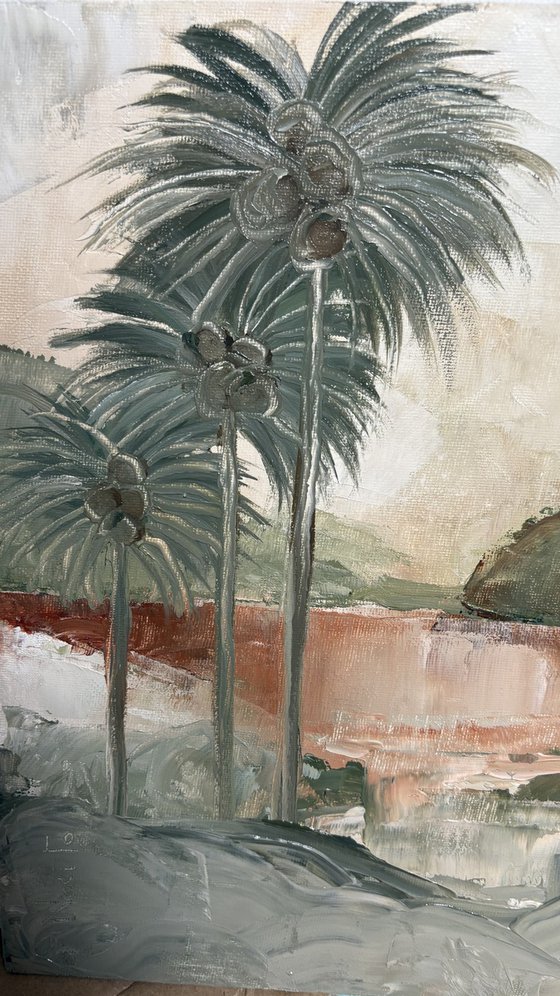 Tropical Reverie Palm Trees, Hills, Water