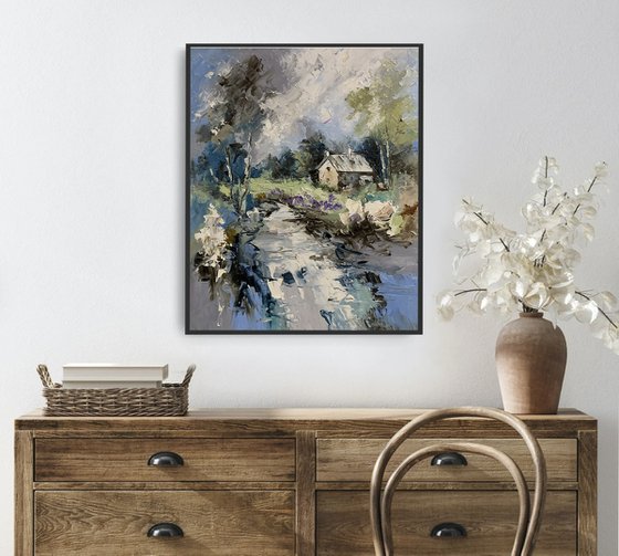 Quiet morning, forest cabin.