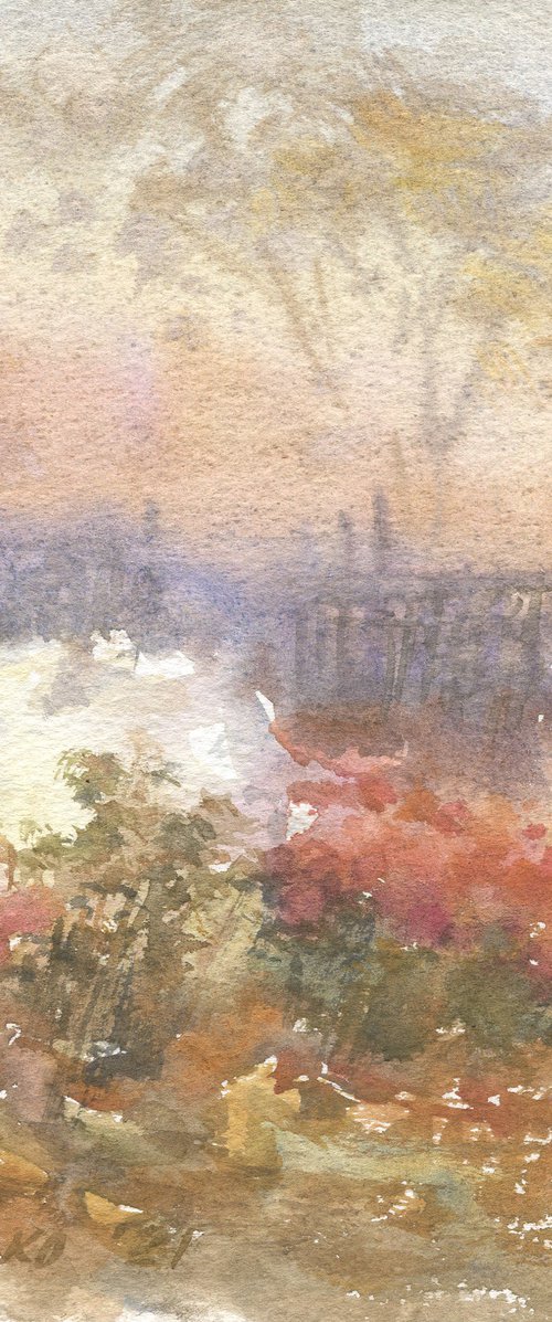 Chrysanthemum fogs / Original watercolor Autumn landscape with flowers Fall picture Plein air art work by Olha Malko