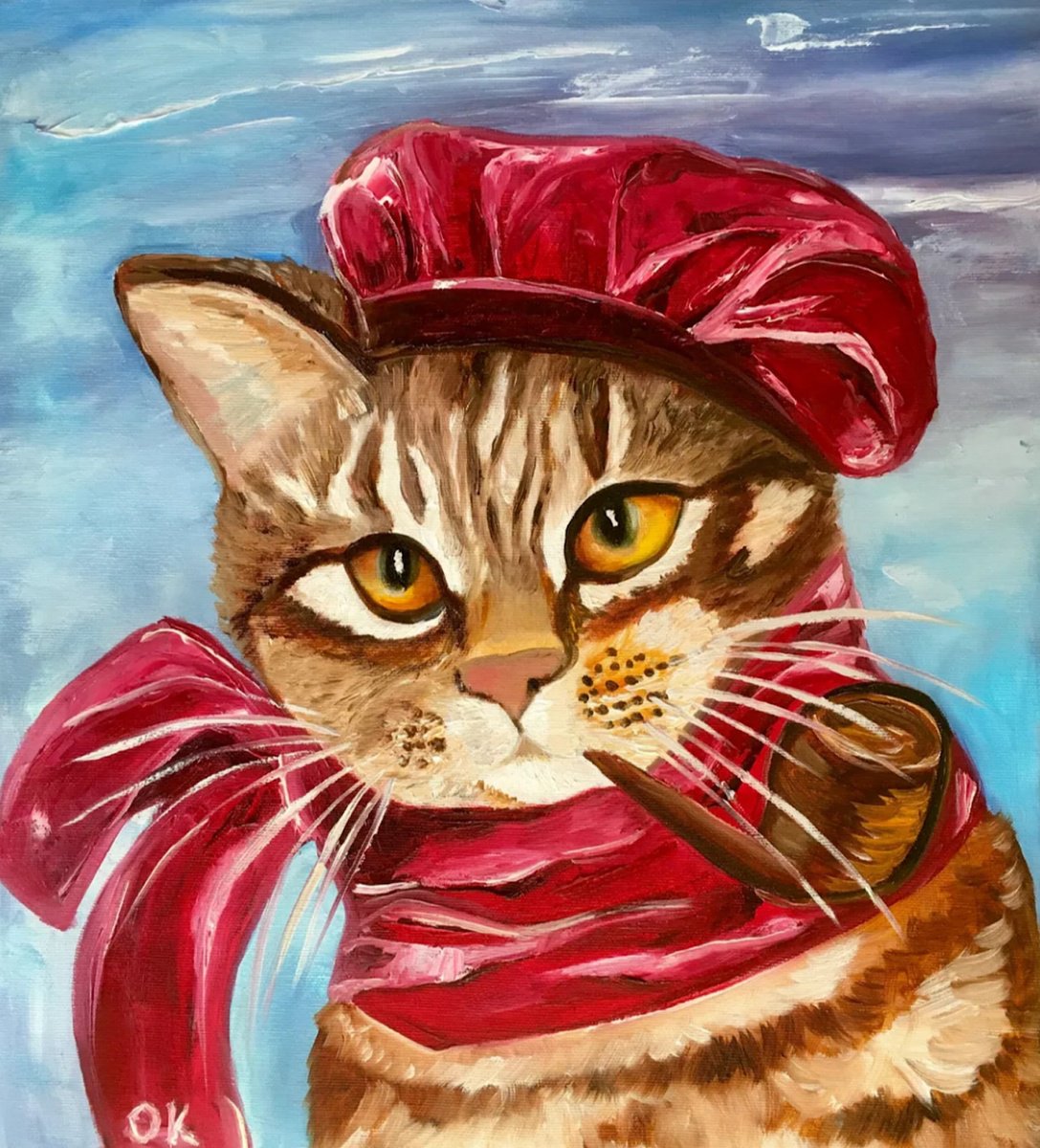 Impressionistic Animal Oil Painting By Olga Koval, 16 X 18", Troy The Cat Walker, Original Artwork