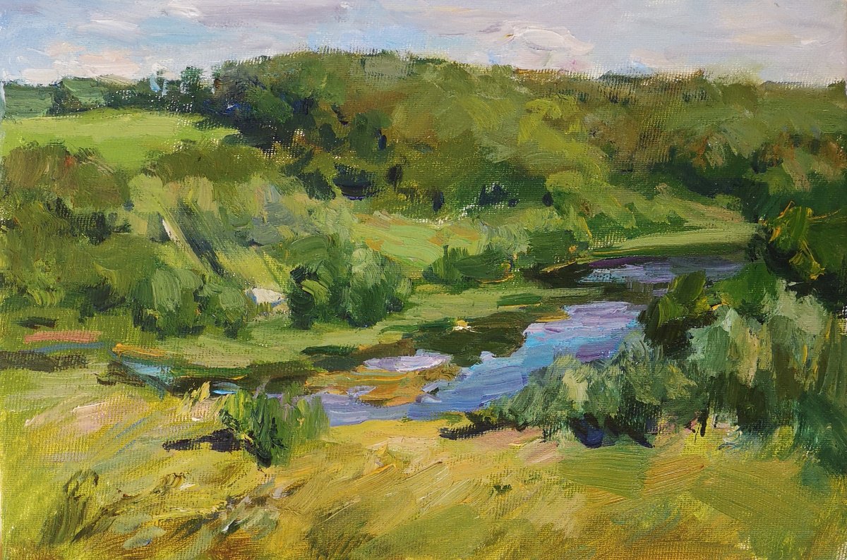 Impressionistic Landscape Oil Painting By Olga Samar, 12 X 8", Summer Landscape, Original Artwork