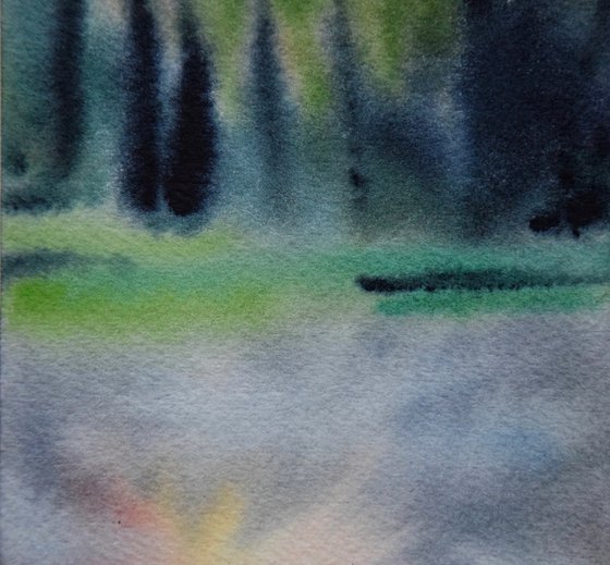 Abstract Watercolour Painting, Sun Forest Small Artwork, River Landscape Wall Art