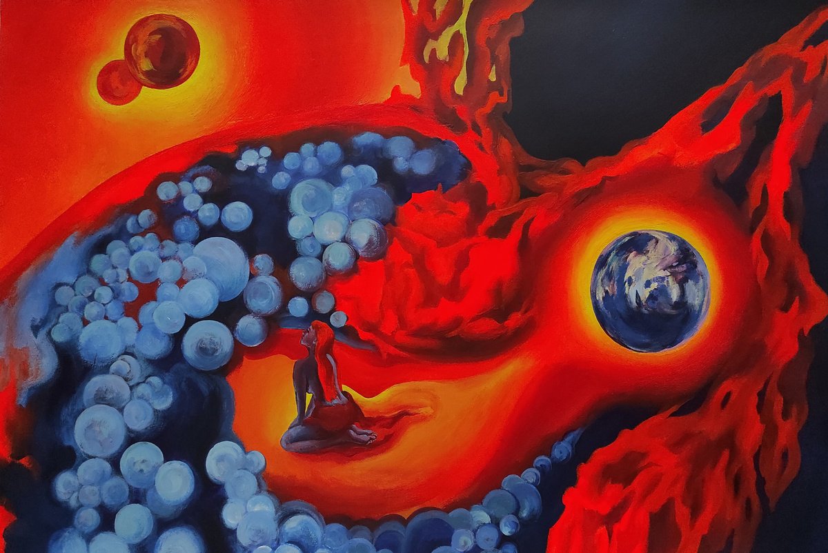 Surrealistic Landscape Acrylic Painting By Tetiana Borys, 24 X 16", Hot Sun, Original Artwork