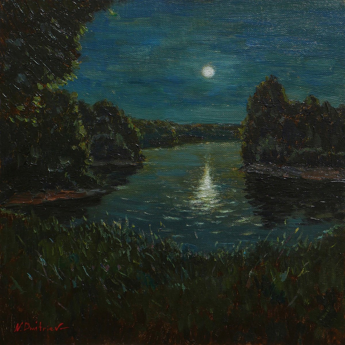 The Lunar Night - original summer landscape, painting by Nikolay Dmitriev