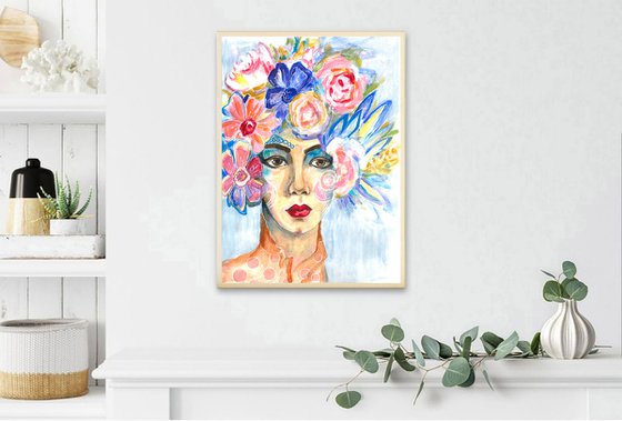 Flower Portrait 4, Floral Portrait Floral Head Woman Painting Modern Bouquet Wall Art