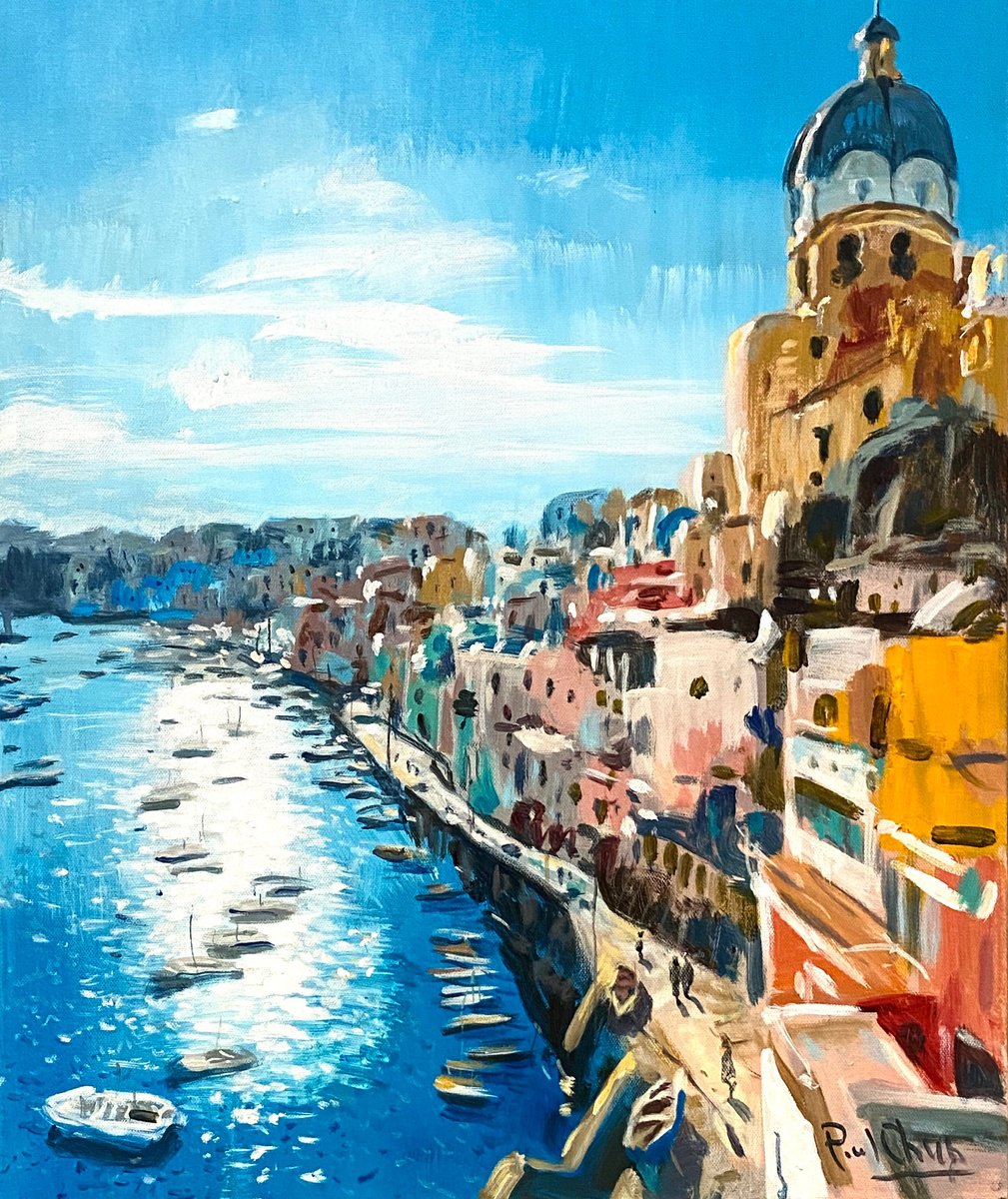 Impressionistic Cityscapes Acrylic Painting By Paul Cheng, 20 X 24", Procida, Italy No.2, Original Artwork