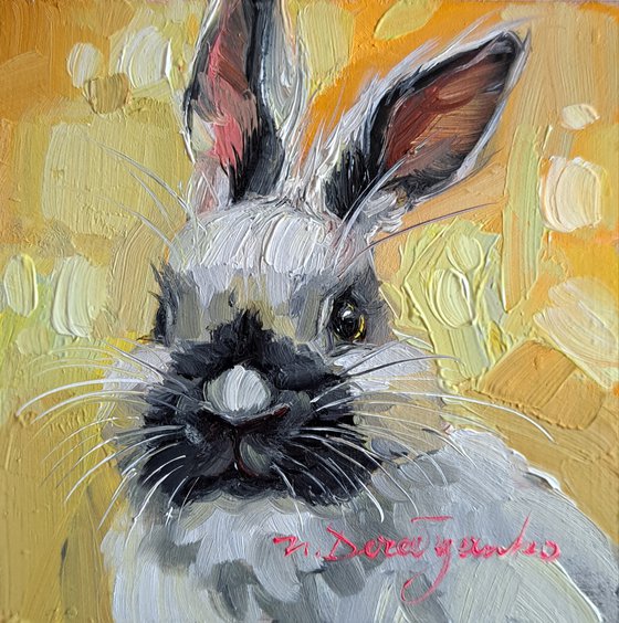 Rabbit painting original oil framed 4x4, Small framed art black white rabbit artwork yellow background