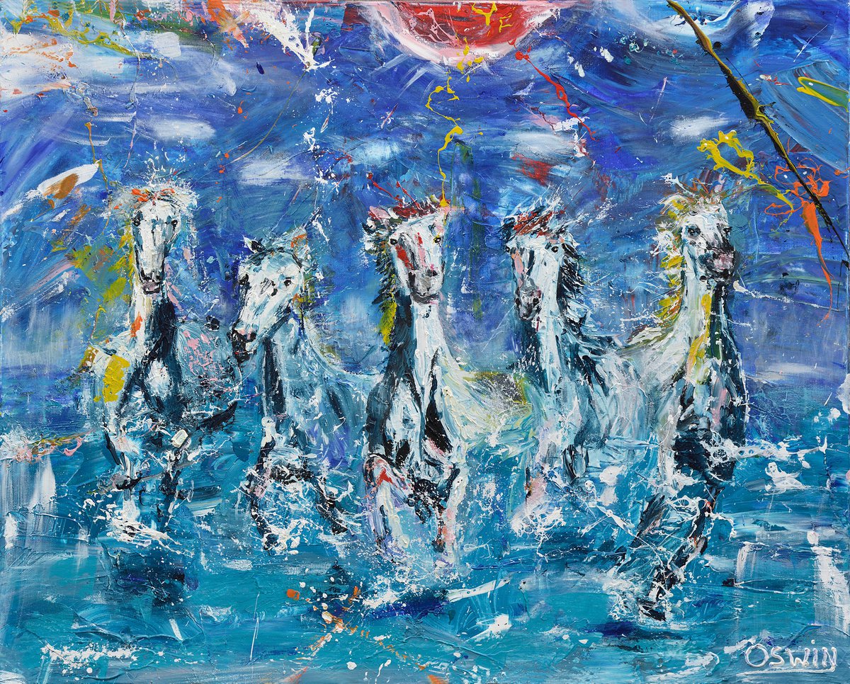 Expressive Animal Acrylic Painting By Oswin Gesselli, 39 X 31", Horse Painting - Wild Horses Vi 80 X 100 X 4,5 Cm. | 31.5"X 39.37" Equine Art By Oswin Gesselli, Artfinder