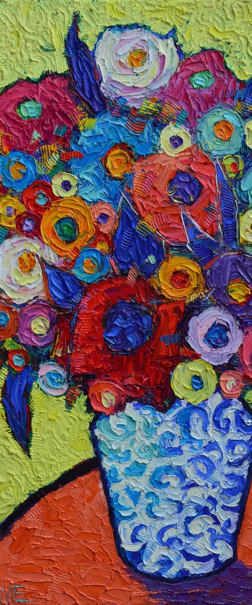 ABSTRACT COLOURFUL ROSES AND WILDFLOWERS textural impressionist impasto palette knife oil painting by Ana Maria Edulescu by ANA MARIA EDULESCU