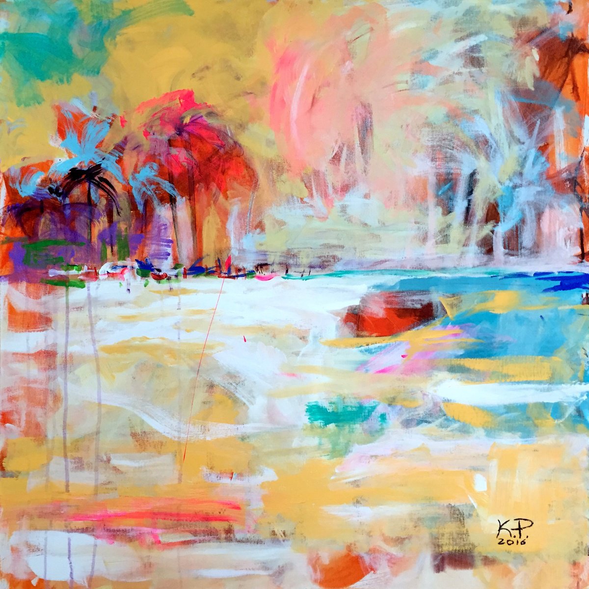 Abstract Landscape Acrylic Painting By Kasia Pawlak, 36 X 36", Phuket Vibes, Original Artwork
