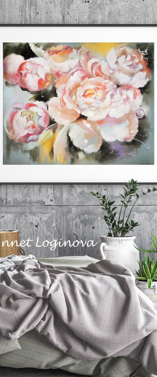 Peonies Pastel paintings, Peony original drawing by Annet Loginova