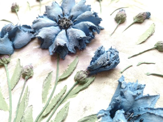 Blue cornflowers on a white background-delicate Botanical bas-relief 25x15x3 cm.