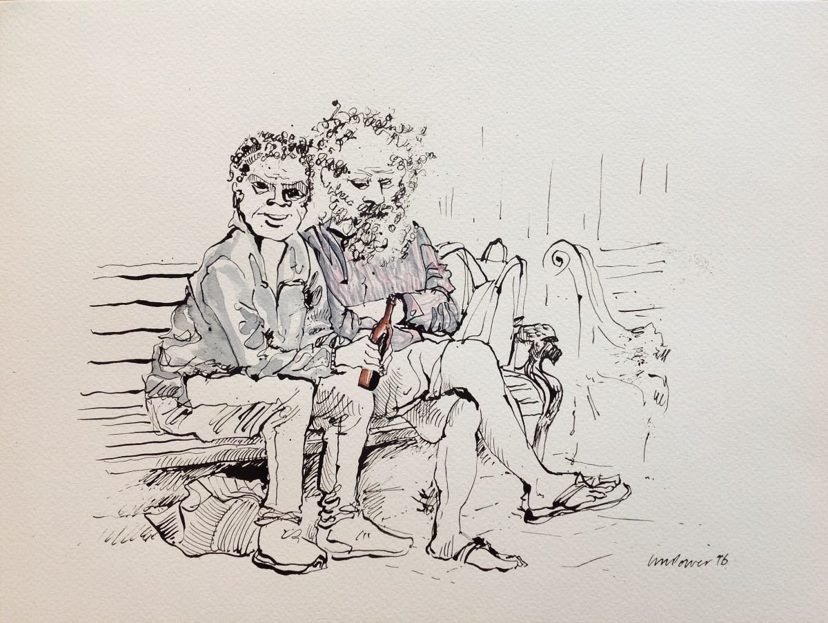 Old mates, park bench by Luci Power