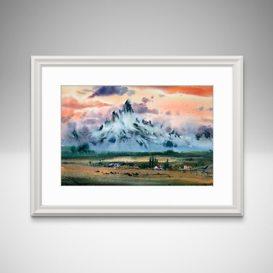 Mountainscape with orange sunset