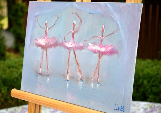 Funny pink ballerinas. Miniature  impasto oil