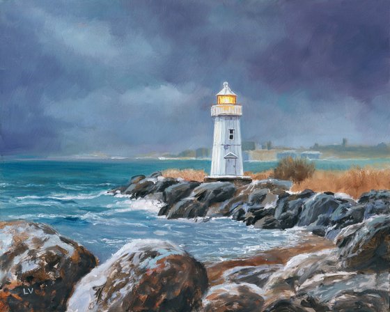 Lighthouse in blue-gray sky