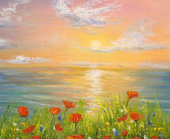 Sunset seascape on the wildflower meadow