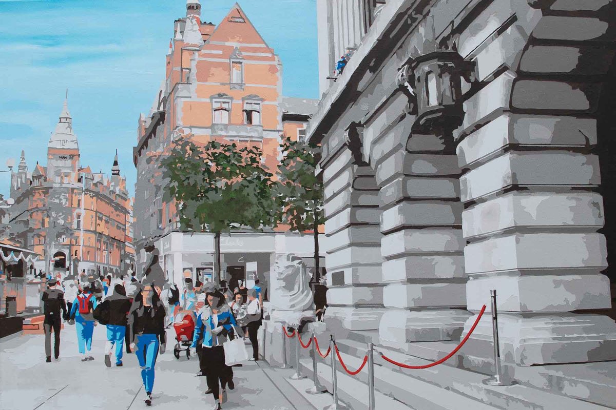 Impressionistic Cityscapes Acrylic Painting By Km Arts, 36 X 24", Old Market Square, Nottingham, Original Artwork