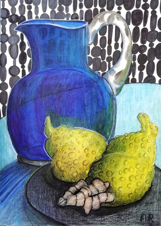 Blue jug, lemons and ginger.