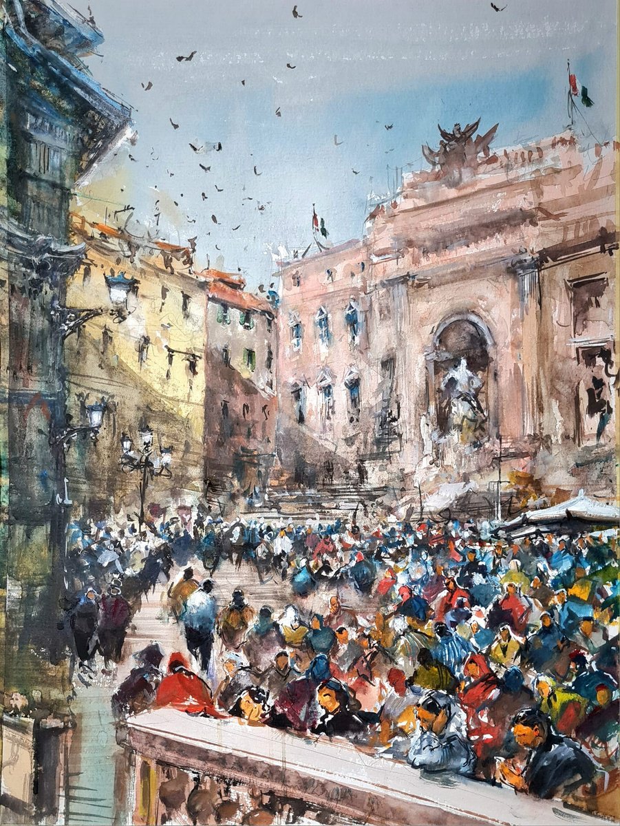 Impressionistic Cityscapes Watercolour By Maximo Damico, 16 X 20", Fontana Di Trevi, Original Artwork