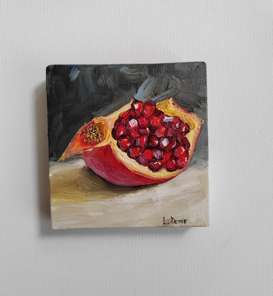 Pomegranate fruit still life oil painting realistic citrus wall decor 4x4"