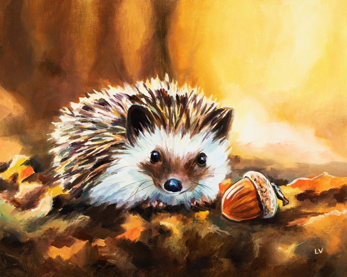 Hedgehog with acorn in fall by Lucia Verdejo