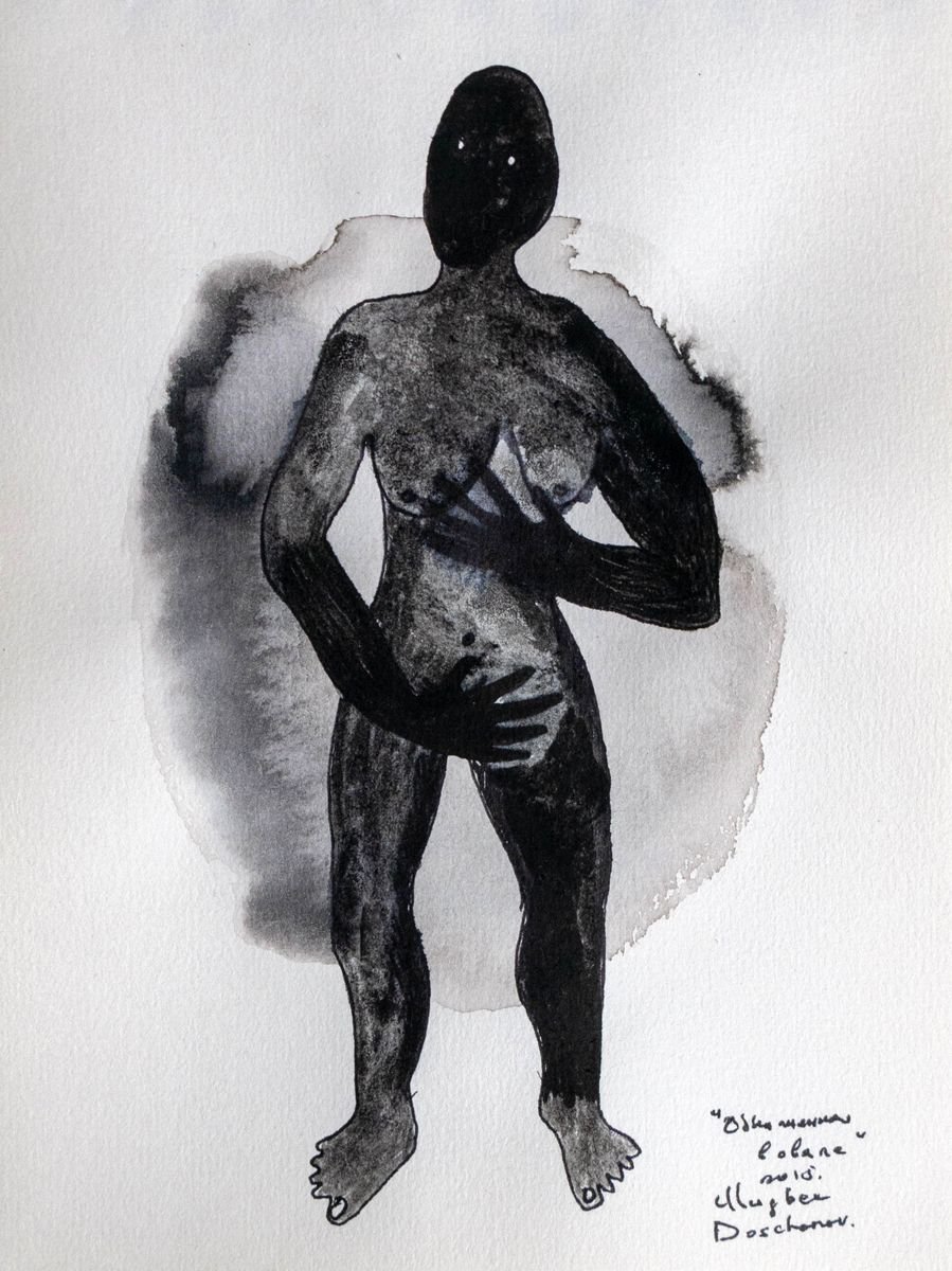 Nude in an oval. small ink painting on paper by Ulugbek Doschanov