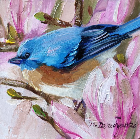 Blue bird and flower painting original oil 4x4, Estern Bluebird wall art framed, Small picture mothers day gift